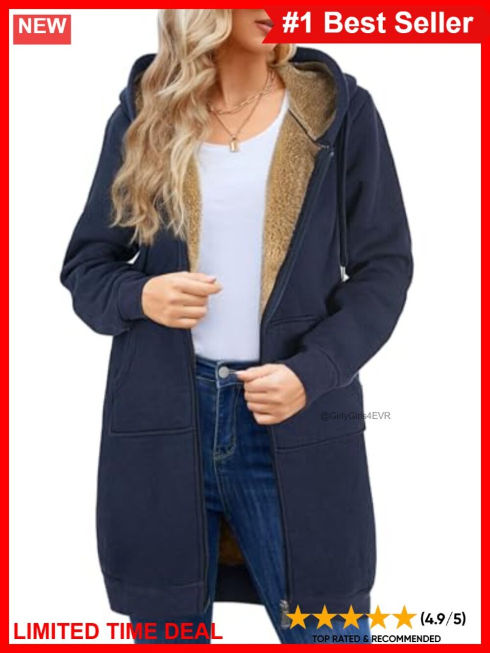 Women's Zip Up Hoodie Knee Length Fleece Lined Cotton Blend Casual Jacket